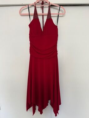 WOMEN’S MIDI RED DRESS WITH RUCHED WAIST V-NECK HALTER TIE SIZE SMALL